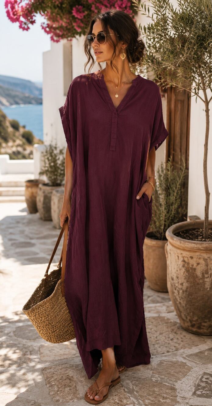 Ocean + Main Burgundy Caftan Dress Womens Maxi Pull Over Modest Small Mediun